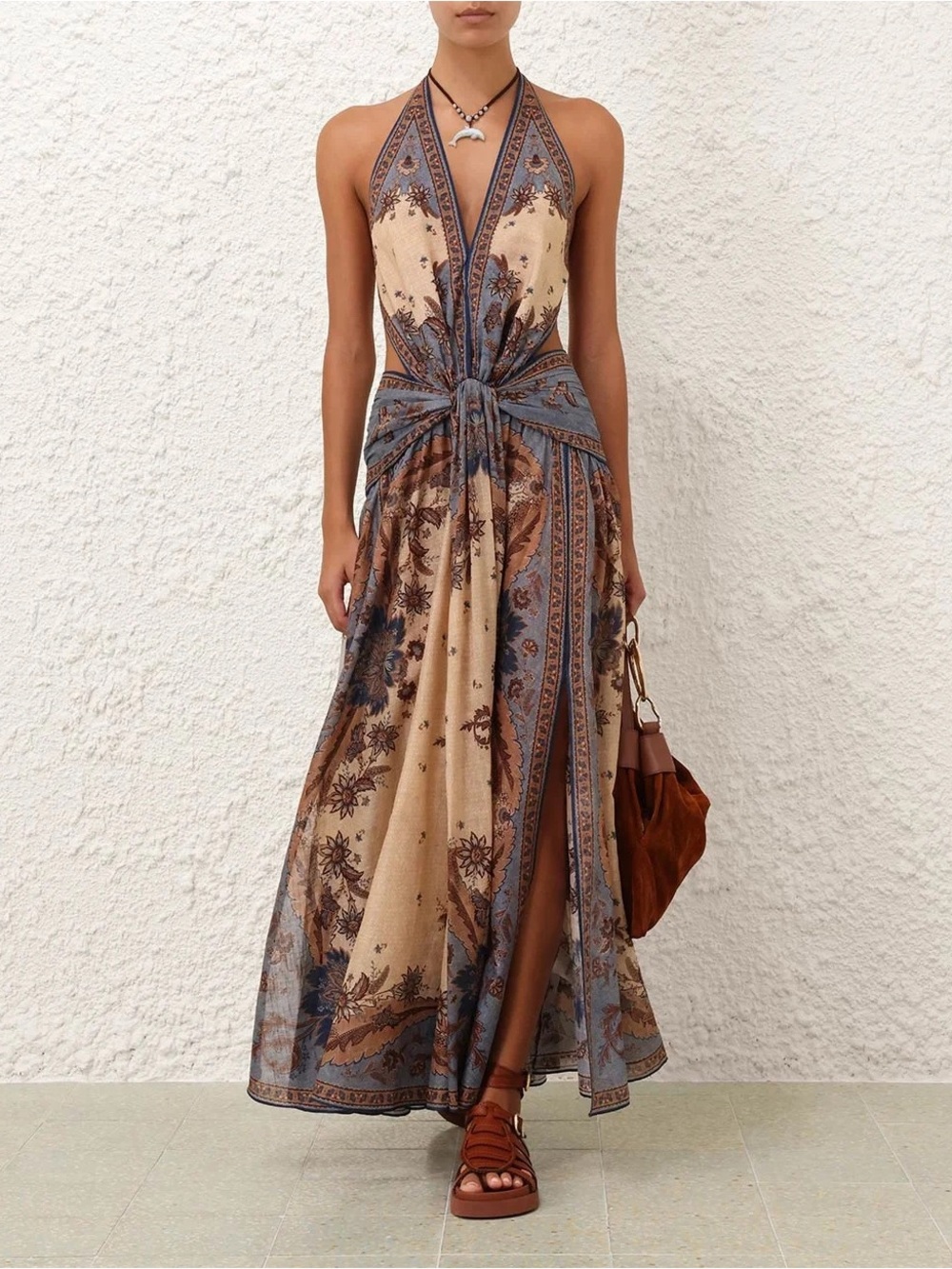 Zimmermann Beige and Blue Halter Tie-Front Maxi Dress
